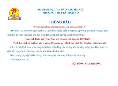TRƯỜNG THPT LÝ THÁI TỔ THÔNG BÁO HOÃN LỊCH KHẢO SÁT TIẾNG ANH SANG NGÀY 25/8/2020