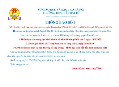 THÔNG BÁO ĐIỀU CHỈNH THỜI GIAN TẬP TRUNG HS KHỐI 6 VÀ KHỐI 10.