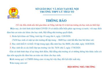 THÔNG BÁO HOÃN LỊCH KHẢO SÁT TIẾNG ANH LỚP 10 VÀ LỊCH TỰU TRƯỜNG CÁC KHỐI LỚP