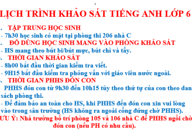 LỊCH TRÌNH KHẢO SÁT TIẾNG ANH ĐẦU VÀO LỚP 6 - LỚP 10