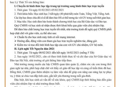 Thông báo về việc học trực tuyến và nghỉ Tết Nguyên đán 2021