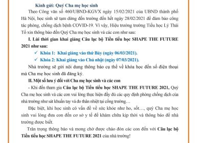 THÔNG BÁO về việc lùi thời gian khai giảng Câu lạc bộ Tiền tiểu học SHAPE THE FUTURE 2021